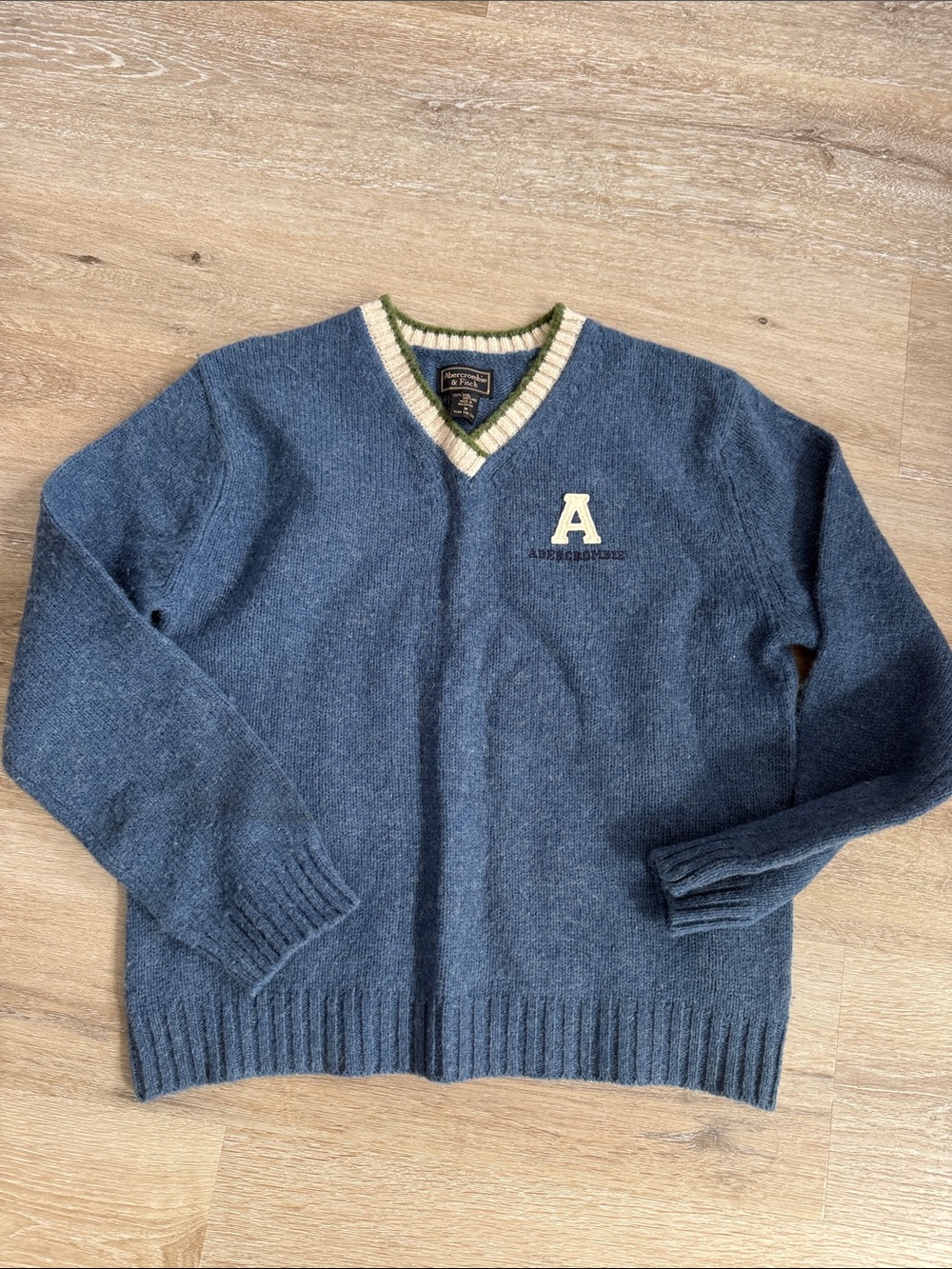 Abercrombie & Fitch Blue V-Neck Sweater with Cream & Green Trim